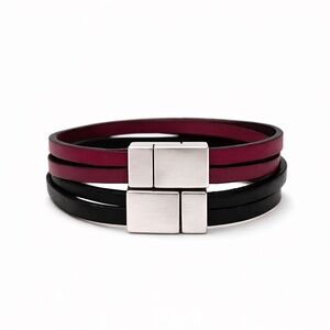 Burgundy and Black Leather Bracelet with Silver Clasp Set of 2